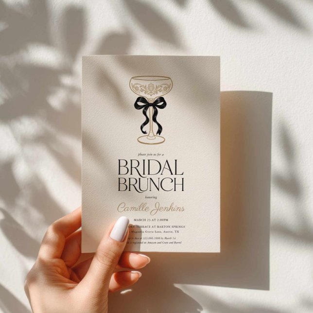 Invitación a Brunch Nupcial con Champán (Black Bow and Champagne Bridal Brunch Invitation)