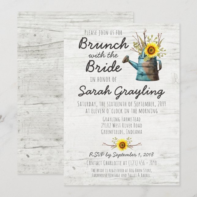 Invitación a brunch nupcial de girasol y madera rú (Anverso / Reverso)