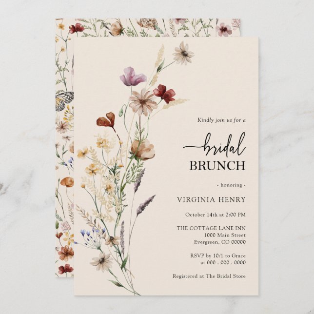 Invitación a Brunch nupcial floral de Boho (Anverso / Reverso)