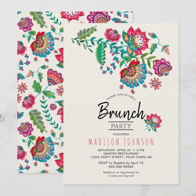 Invitación a Brunch Party de las flores rojas bohe (Anverso / Reverso)