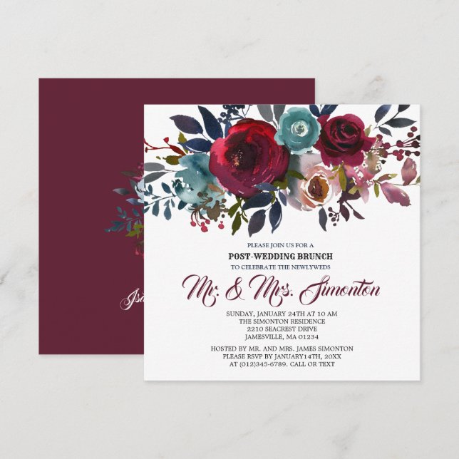 Invitación a brunch post-Boda con flores de Borgoñ (Anverso / Reverso)