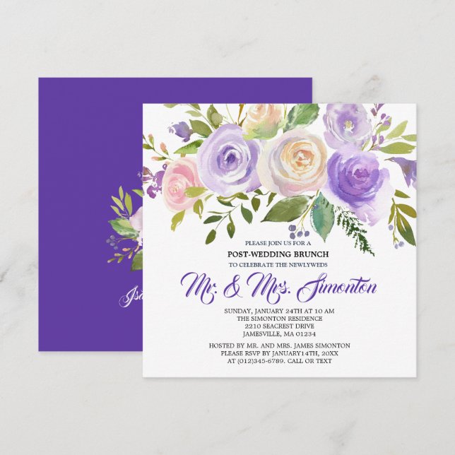 Invitación a brunch post-Boda con morado floral (Anverso / Reverso)