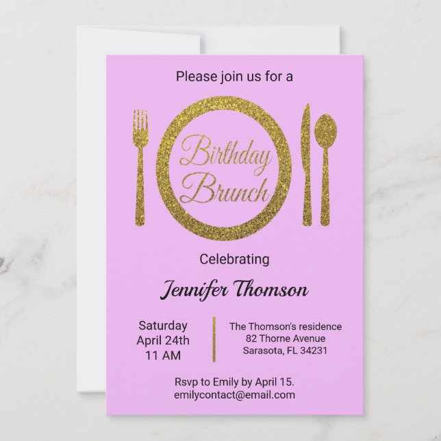 Invitación a Brunch Purple Gold Birthday (Anverso)