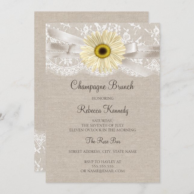 Invitación a Brunch Rústico Lace Sunflower Bridal  (Anverso / Reverso)