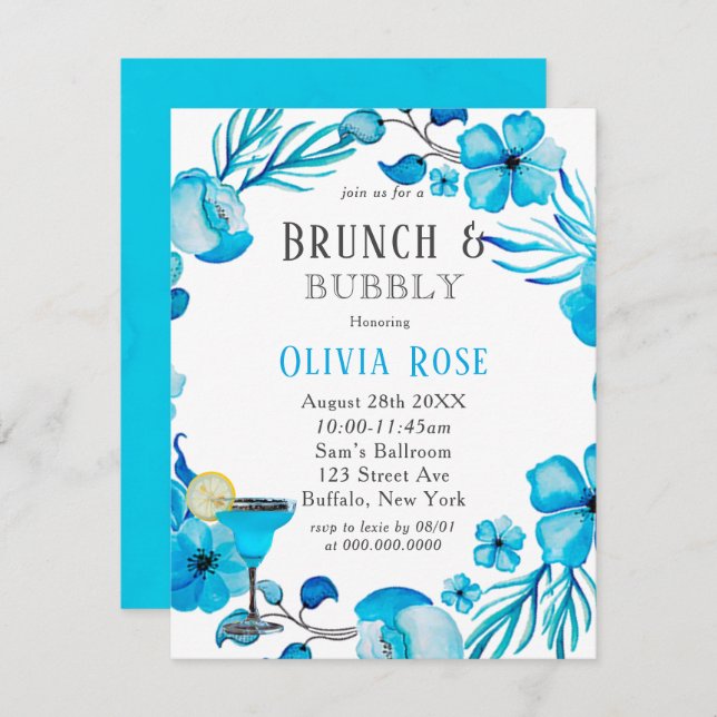 Invitación a Brunch y Bubbly Blue Floral Ocean (Anverso / Reverso)