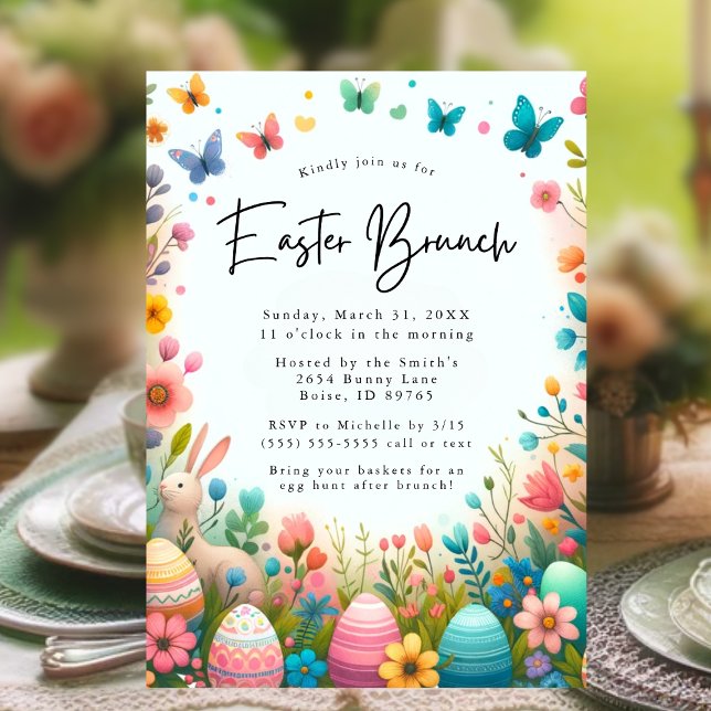 Invitación a brunch y caza de huevos con flores en (Easter Brunch and Egg Hunt Invitation)