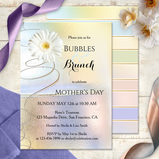 Invitación a Burbujas y Brunch de Celebración de P (Elegant Bubbles & Brunch invitation featuring festive swirls and a daisy flower)