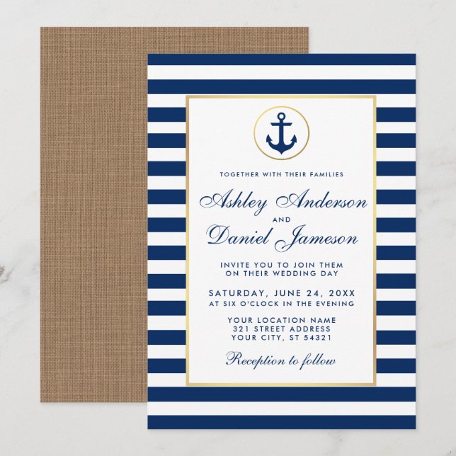Invitación a Burlap Boda Nautical Blue Stripes  (Anverso / Reverso)