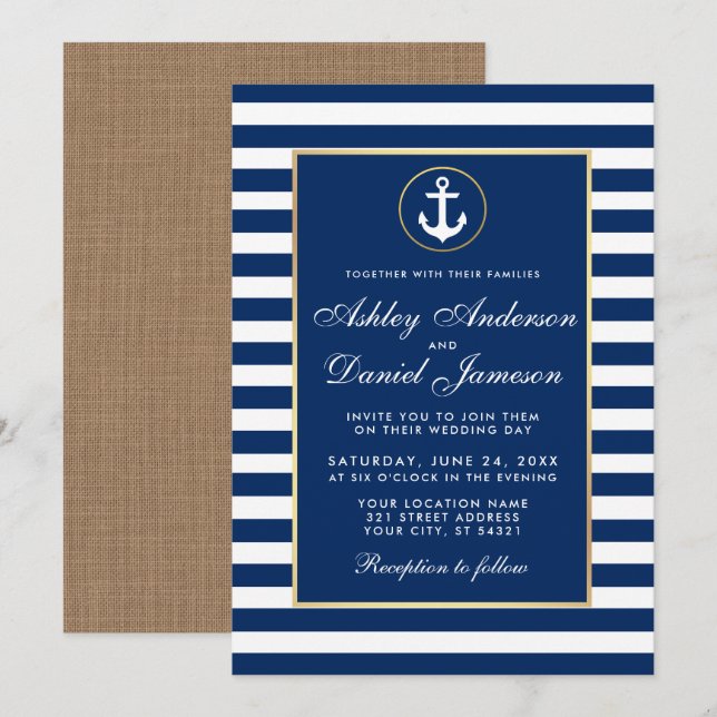 Invitación a Burlap Boda Nautical Blue Stripes  (Anverso / Reverso)