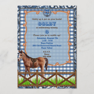 Invitación a caballo occidental azul y marrón