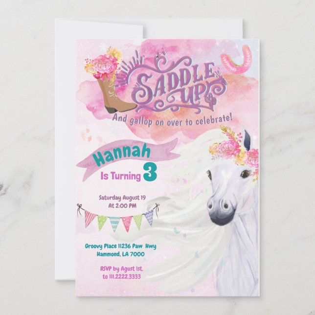 Invitación a caballo por cumpleaños de Cowgirl (Anverso)