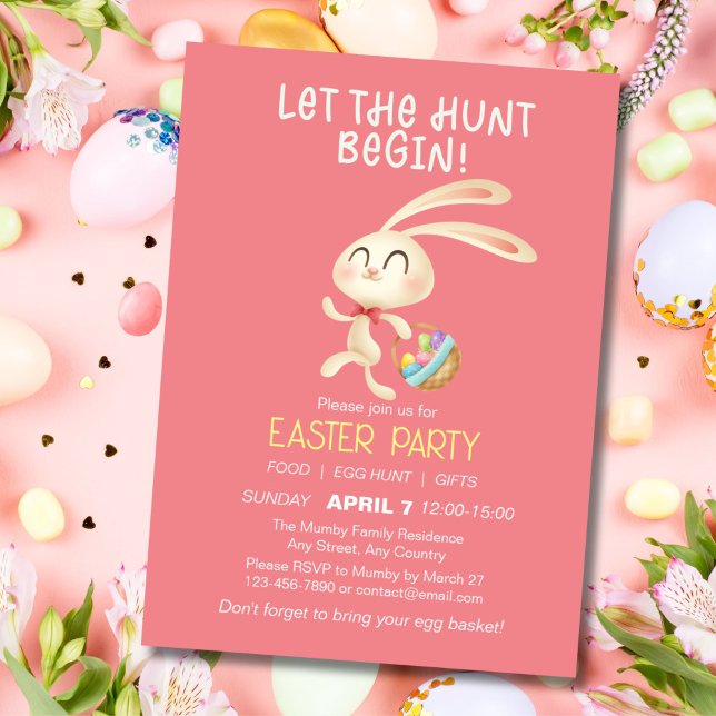 Invitación a cacería de huevos de Brunch de pascua (Easter Party Invitation with Cute Bunny running for egg hunt)