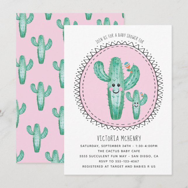 Invitación a Cactus de acuarela y Baby Shower (Anverso / Reverso)
