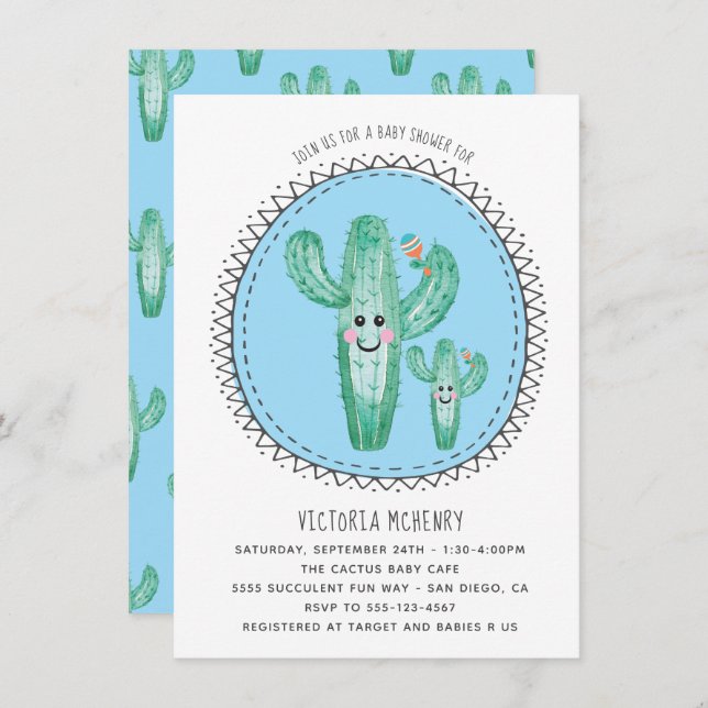 Invitación a Cactus de acuarela y Baby Shower (Anverso / Reverso)