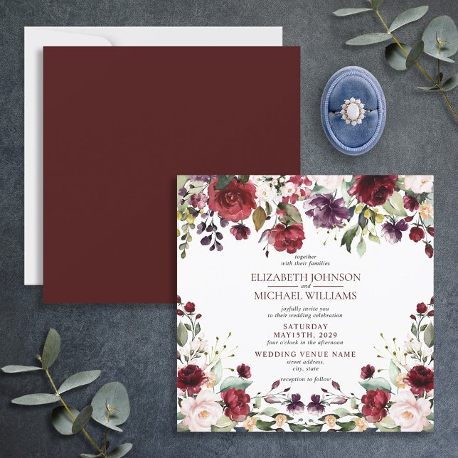Invitación a caídas florales de color burdeos cuad (Subido por el creador)