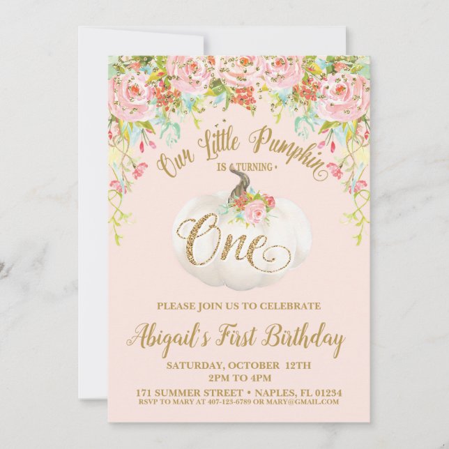 Invitación a calabaza, primer cumpleaños de calaba (Anverso)