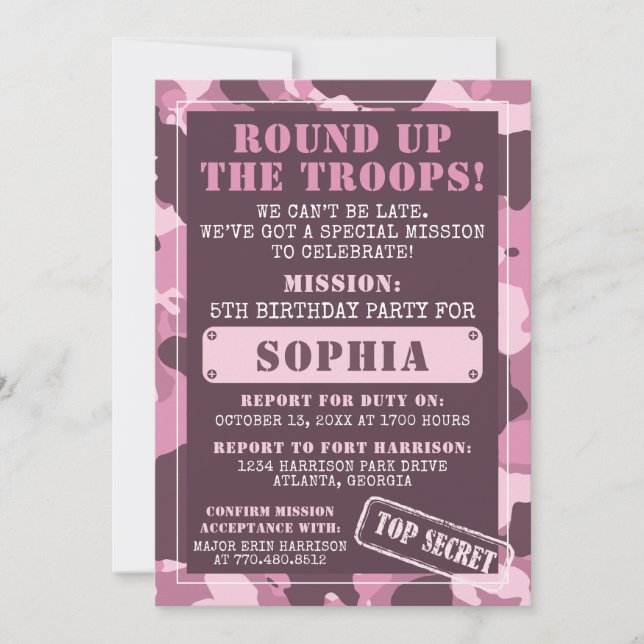 Invitación a Camo Birthday Party, Ejército, Misión (Anverso)