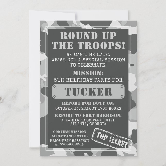 Invitación a Camo Birthday Party, Ejército, Misión (Anverso)