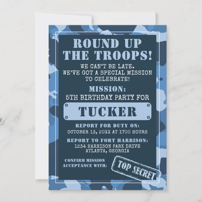 Invitación a Camo Birthday Party, Ejército, Misión (Anverso)