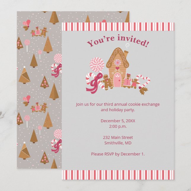 Invitación a candía de pan de jengibre rosa lindo (Anverso / Reverso)