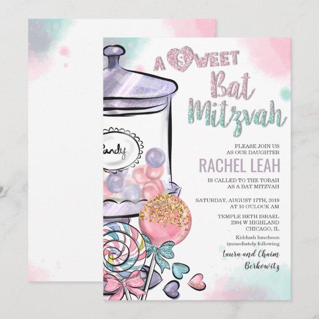 Invitación a Candyland Bat Mitzvah (Anverso / Reverso)