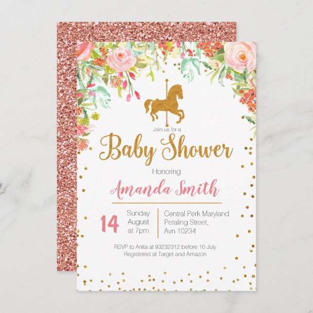 Invitación a Carousel Rosa Gold Baby Shower (Anverso / Reverso)