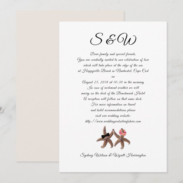 Invitación a carta de Boda Starfish Bride y Groom (Anverso / Reverso)