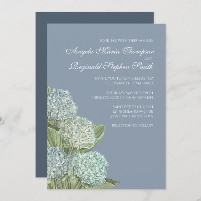 Invitación a casamiento azul de hidrangea/ amarre  (Anverso / Reverso)