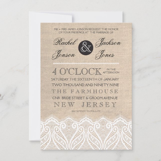 Invitación a casamiento blanco vintage y burlap (Anverso)