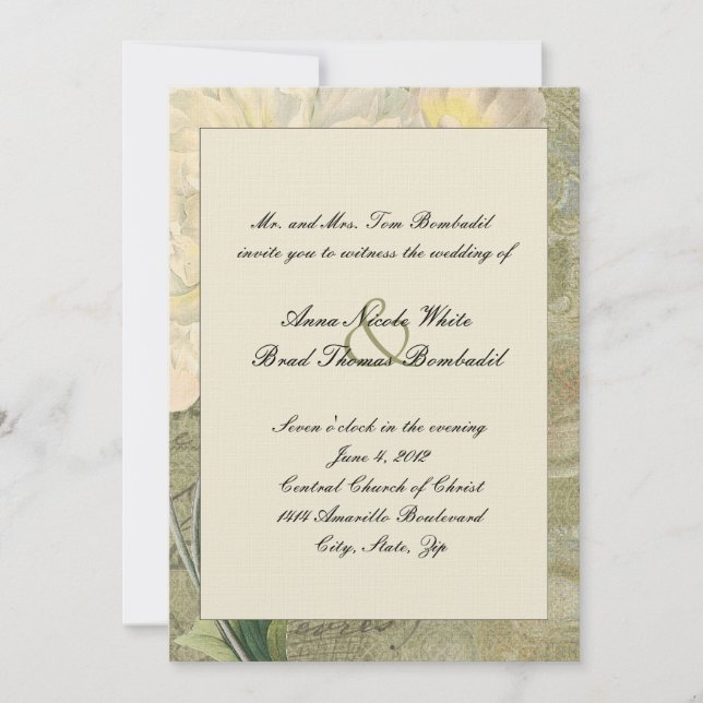 Invitación a casamiento botánico de peones blancos (Anverso)