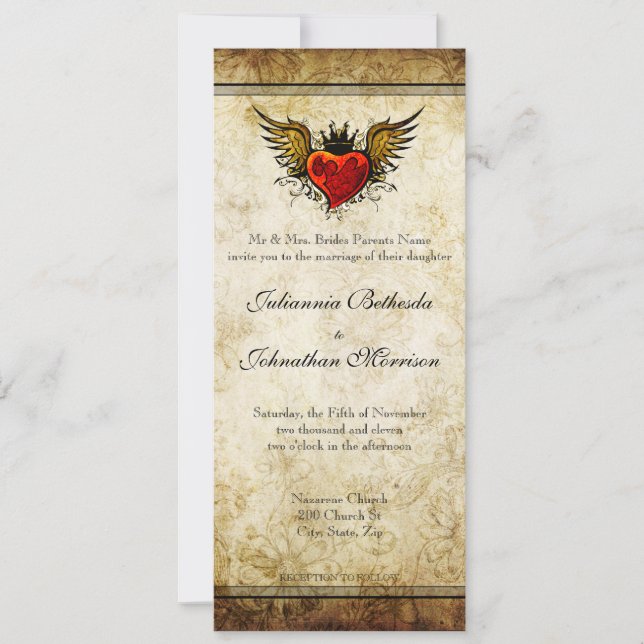 Invitación a casamiento cardíaco alado de tatuaje  (Anverso)