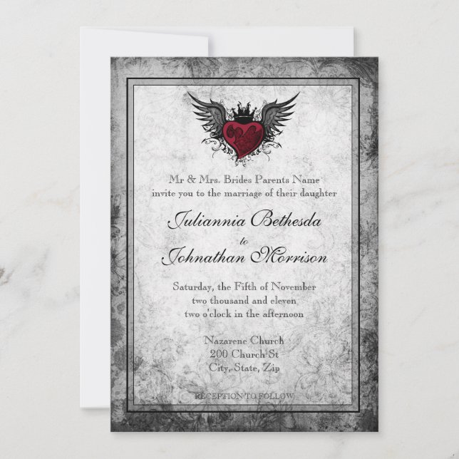 Invitación a casamiento cardíaco alado de tatuaje  (Anverso)
