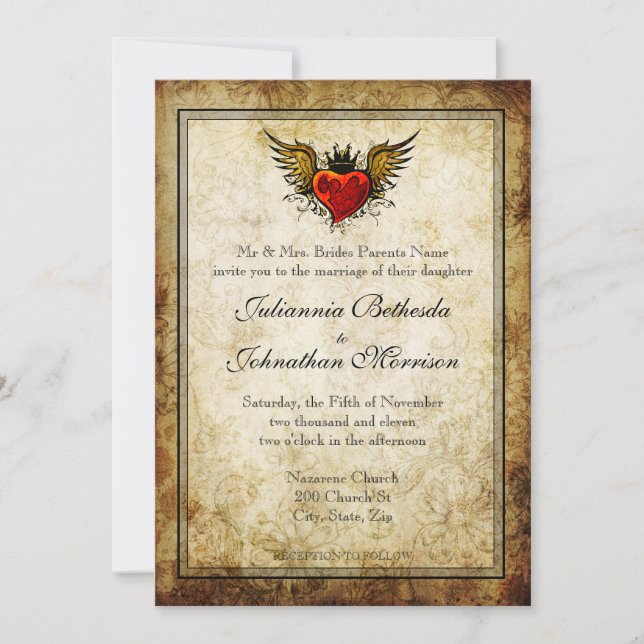 Invitación a casamiento cardíaco alado de tatuaje  (Anverso)