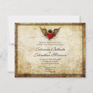 Invitación a casamiento cardíaco alado de tatuaje 