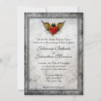 Invitación a casamiento cardíaco alado de tatuaje