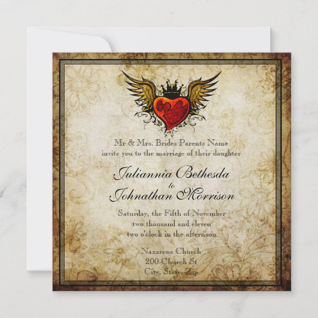 Invitación a casamiento cardíaco alado de tatuaje  (Anverso)