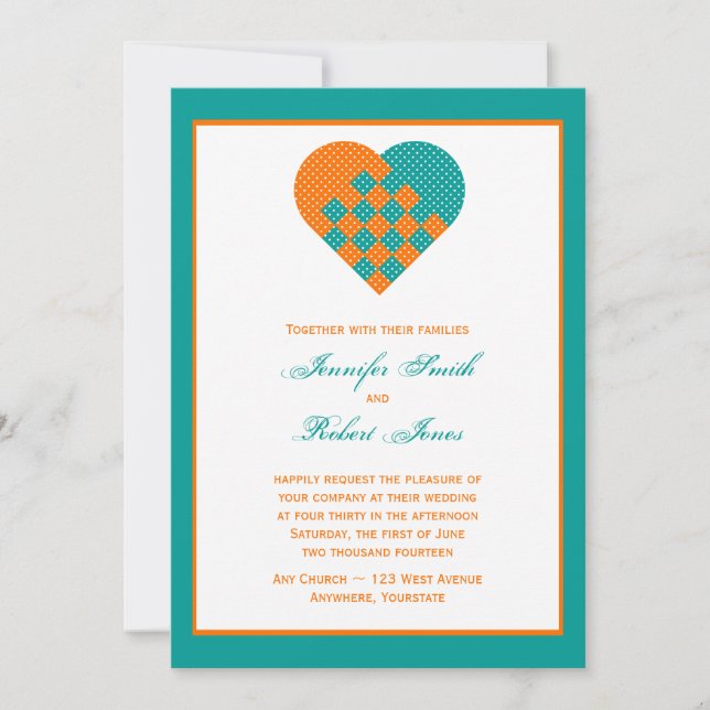 Invitación a casamiento cardíaco de cinta Naranja  (Anverso)
