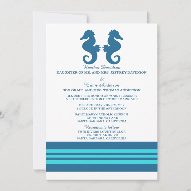Invitación a casamiento con caballito de mar azul  (Anverso)
