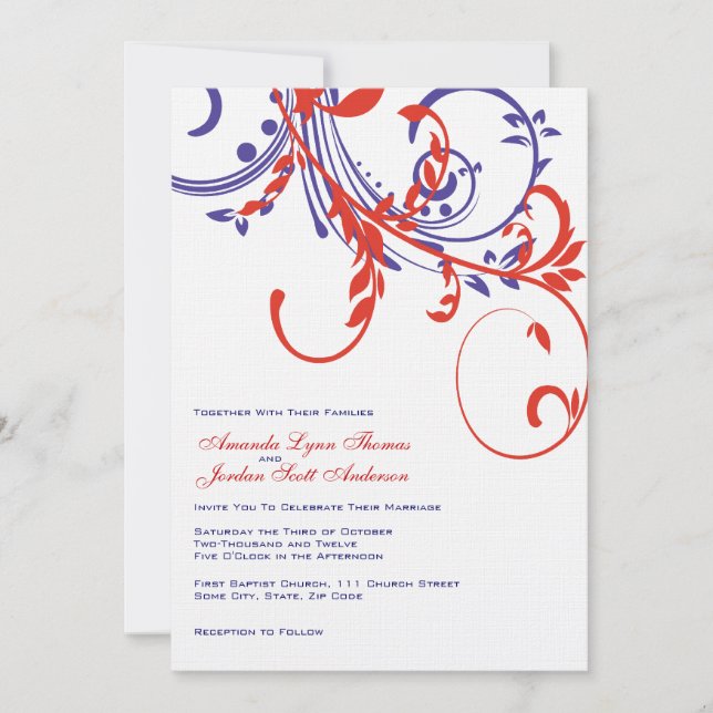 Invitación a casamiento con dos flores azules, roj (Anverso)