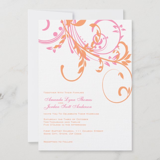 Invitación a casamiento con dos flores Naranja y r (Anverso)