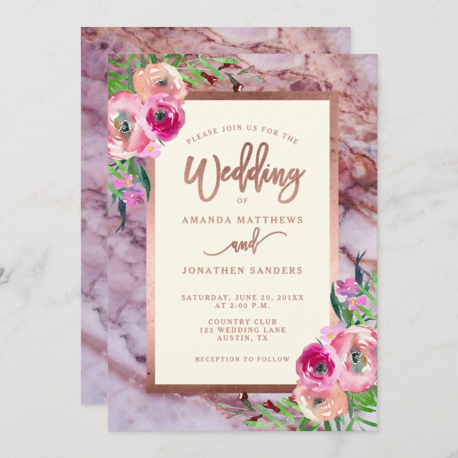 Invitación a casamiento con flores de mármol rosa  (Anverso / Reverso)