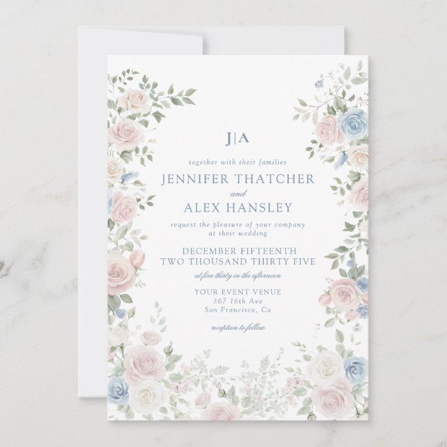 Invitación a casamiento con flores para Rosas de l (Anverso)