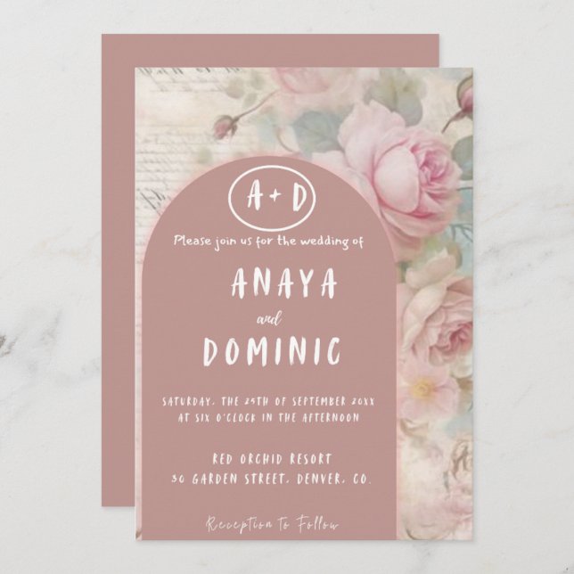 Invitación a casamiento con flores rosadas (Anverso / Reverso)