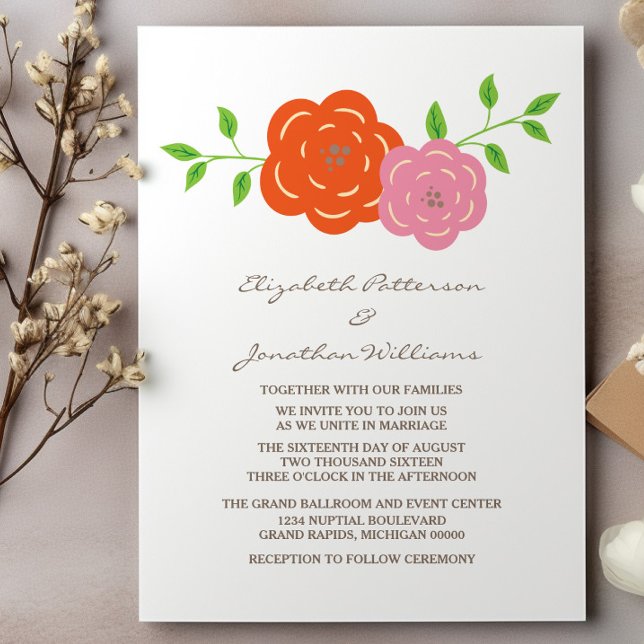 Invitación a casamiento con flores rosadas en Nara (In Bloom Orange Pink Floral Wedding Invite)