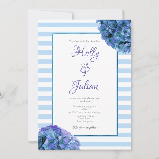 Invitación a casamiento con franja azul y floral (Anverso)