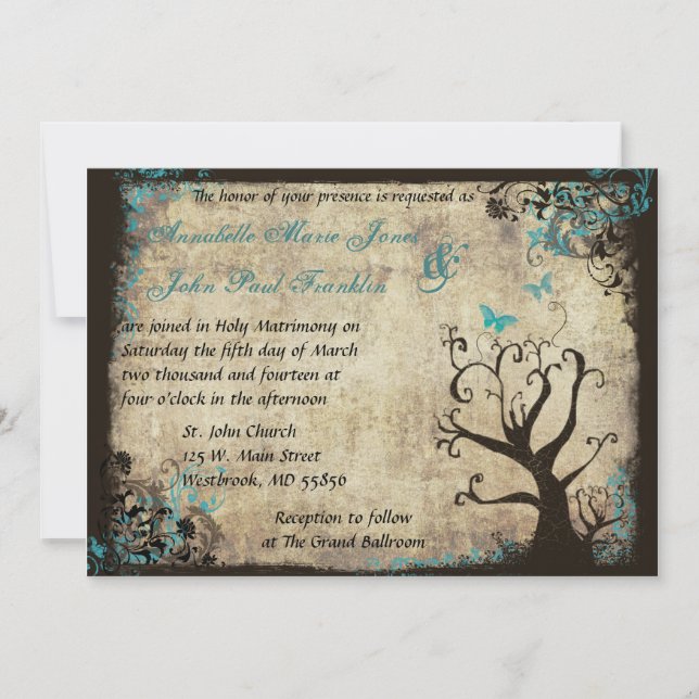 Invitación a casamiento con mariposa azul y árbol  (Anverso)
