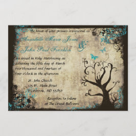 Invitación a casamiento con mariposa azul y árbol 
