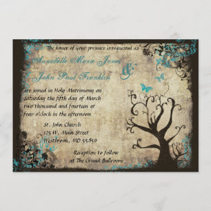 Invitación a casamiento con mariposa azul y árbol 