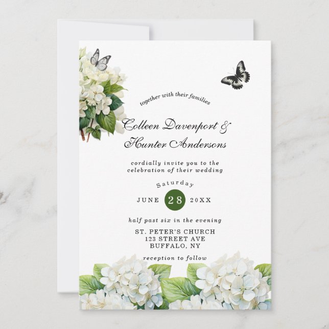 Invitación a casamiento con mariposa de hidrangea  (Anverso)