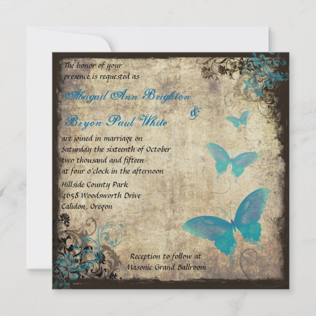Invitación a casamiento con mariposas azules vinta (Anverso)